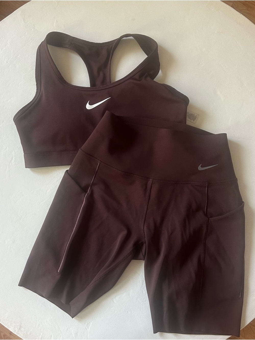 Nike Brown Racerback Sports Bra & High-Waist Bike Shorts matching set
